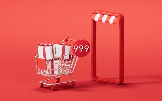 Shopping cart with 3d cartoon style, 3d rendering.