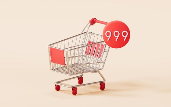 Shopping cart with number count, 3d rendering.