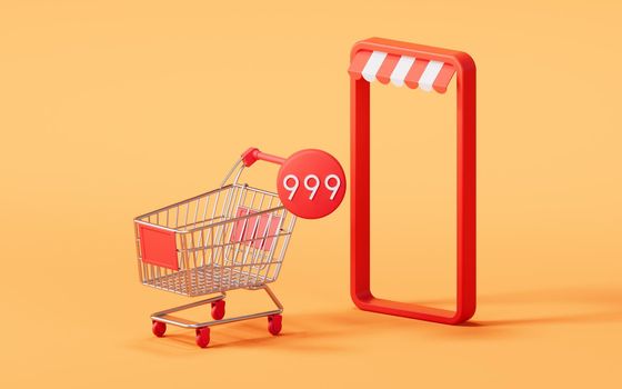 Shopping cart with 3d cartoon style, 3d rendering.