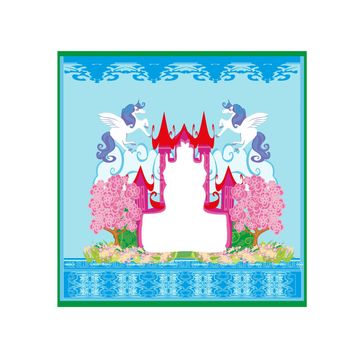 Beautiful unicorn and fairy-tale princess castle frame