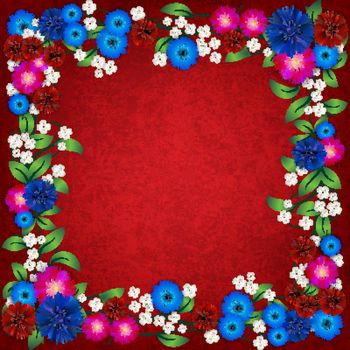 floral ornament with cornflowers on red background