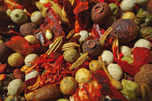 Pile of dry spices macro shot for background