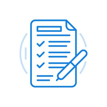 Filled test documentation vector line icon. Checklist questions and pen with answer boxes.
