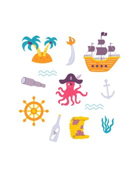 Funny childrens pirate print. Octopus, ship, map in flat hand drawn style. Design for the design of postcards, posters, invitations and textiles