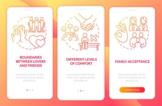 Issues within LGBT couples red gradient onboarding mobile app screen