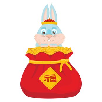 Cute cartoon blue rabbit in national chinese in the bag of good luck