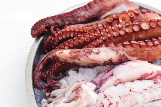 Raw seafood on a dish including octopus and squid
