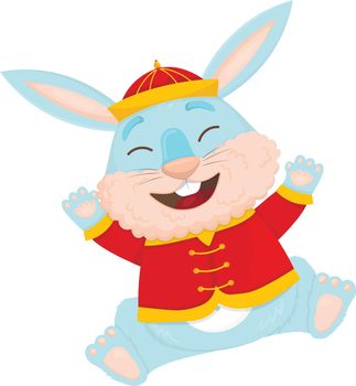 cute cartoon blue rabbit in national Chinese is jumping for joy