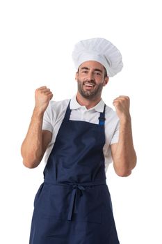 Happy cook in uniform hold fists