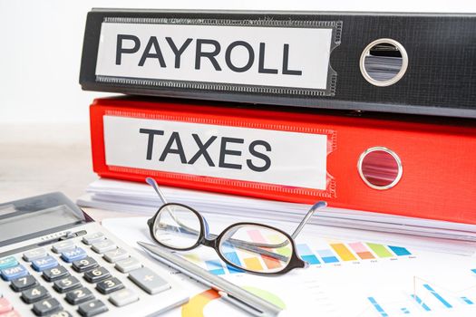 Payroll taxes. Binder data finance report business with graph analysis in office.