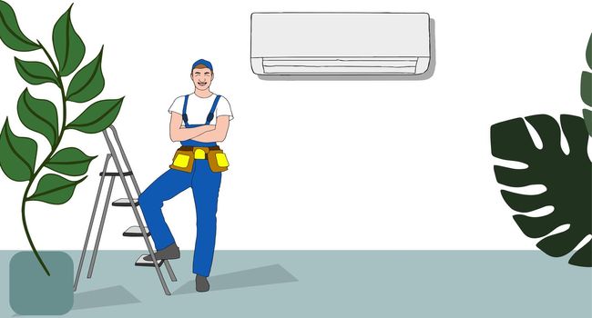Service for repair and maintenance of air conditioners. Vector illustration in a flat style