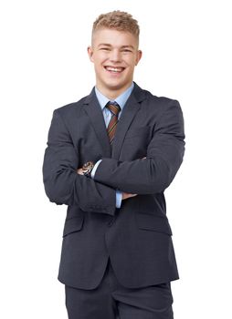 Good attitude and work ethic. An ambitious young businessman crossing his arms on a white background.