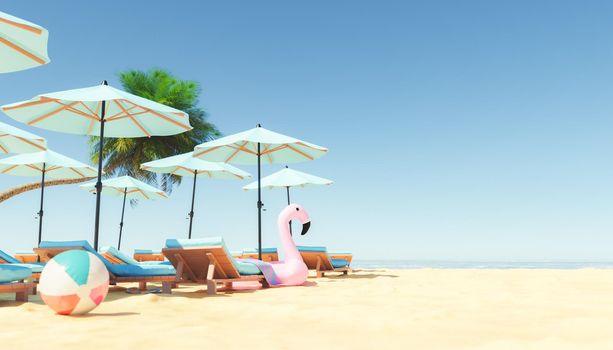 Loungers and parasols with inflatable toys on sandy seashore on summer day