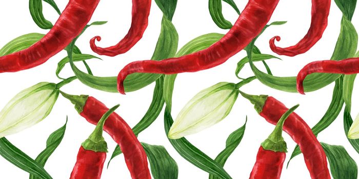 Red chili and lily bud watercolor seamless pattern