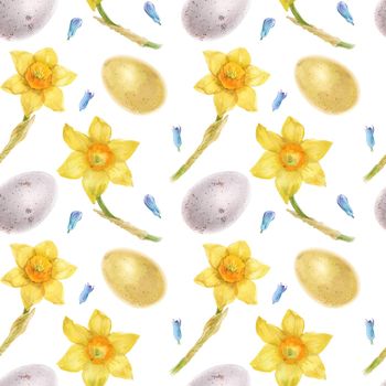 Yellow daffodil and eggs and hyachinth buds watercolor seamless pattern