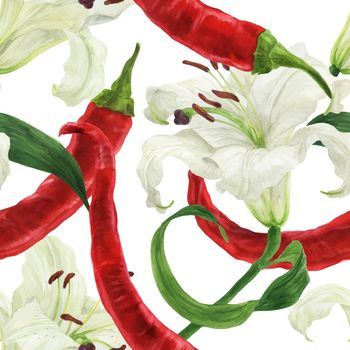 Red chili pepper and lily white flower watercolor seamless pattern