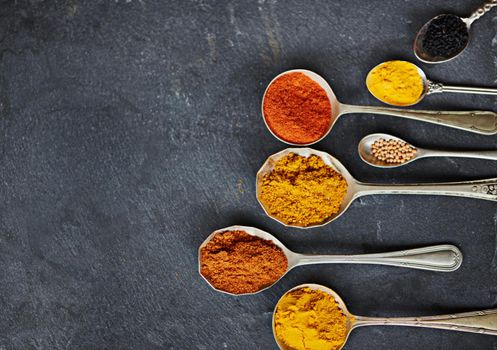 Lets spice up your life. Cropped shot of spoons filled with a variety of spices.