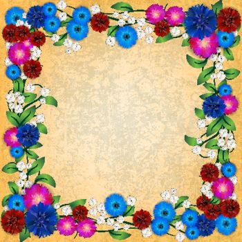 floral ornament with cornflowers on yellow background