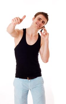 Man with mobile phone giving a thumbs up.