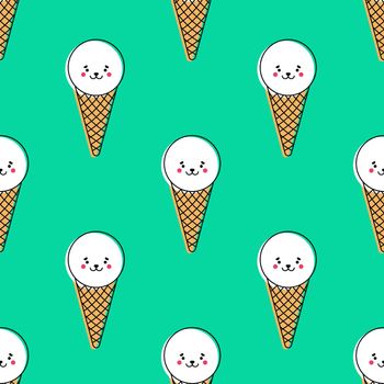 Cute ice cream waffle cones and baby harp seals seamless pattern on a bright turquoise background. Flat cartoon style.