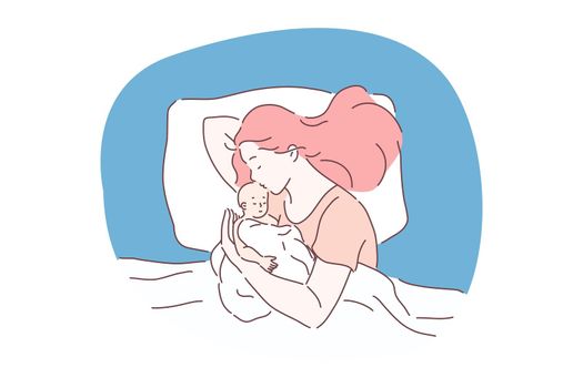 Sleeping, relaxation and comfortable rest concept. Young woman mother cartoon character sleeping and hugging her little baby toddler in bed under blanket at home vector illustration