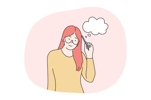 Thinking, having idea, doubt, brainstorm concept. Young red haired positive girl teen student cartoon character standing and thinking with pencil leaning on head with white cloud thoughts sign