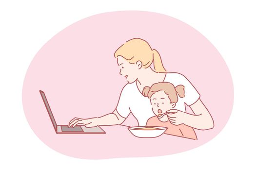 Business, quarantine, motherhood, freelance, childhood concept. Busy businesswoman freelancer mum working home on distance feeding hungry child kid daughter. Remote work multitasking and mothers day.