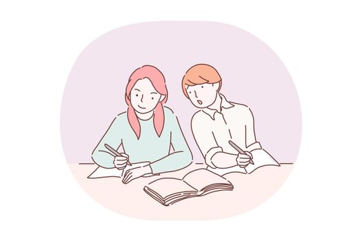 Exam, school, learning, education, curiosity concept. Boy pupil cartoon character sitting and trying to look at girl classmates notebook to know right answers during exam in school illustration