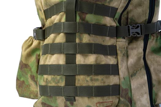 Close up still life of a green army tactical backpack