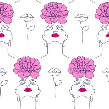 pattern with women faces and floral lips
