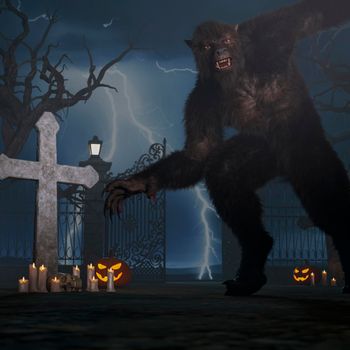 Illustration of a werewolf during the night in the creepy cemetery