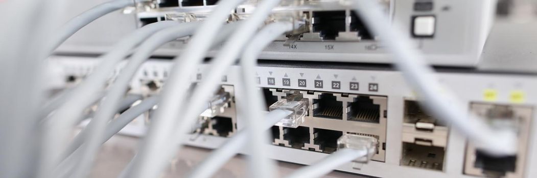 Set of cable network connected to internet switch servers in center