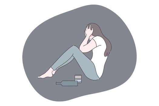 Alcoholism, depression, addiction, frustration, mental stress concept. Depressed frustrated woman alcoholic character sitting on floor with bottle of alcohol. Loneliness headache hangover illustration