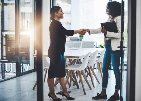 Joining forces as a dynamic duo. Shot of two businesswomen shaking hands in an office.