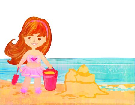 Little girl at tropical beach making sand castle
