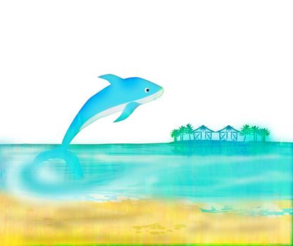 Tropical island paradise with leaping dolphin