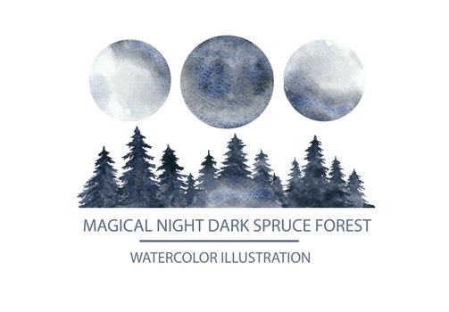 Watercolor illustration of a misty night forest of fir trees under a full moon