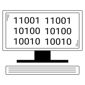 Hand drawn computer with binary code on the screen. Device for complex computing tasks
