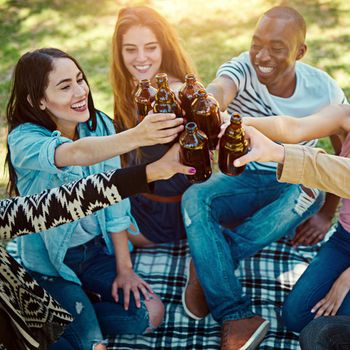 Cheers to lifelong friendships. Cropped shot of a group of friends having drinks while out on a picnic.