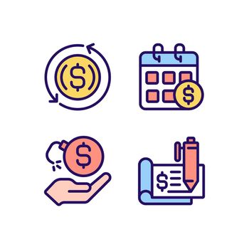 Transactions and payments pixel perfect RGB color icons set