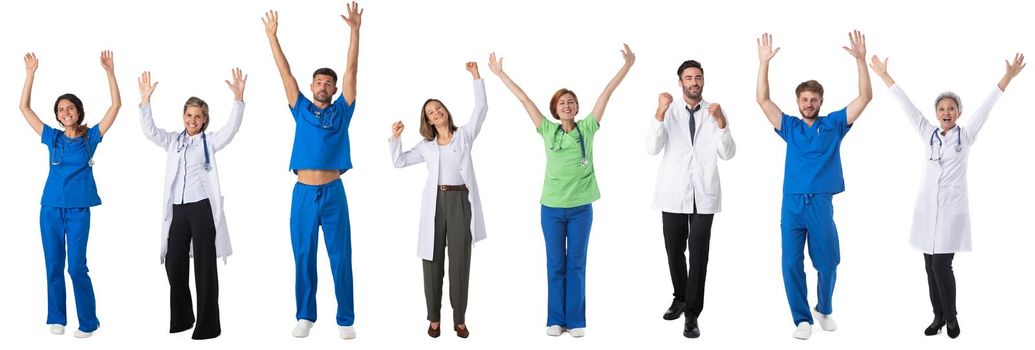 Happy doctors and nurses set