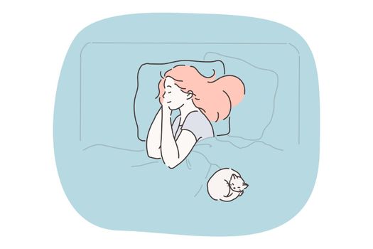Sleeping, relaxation and comfortable rest concept. Young smiling woman cartoon character sleeping with white cat on pillow in bed under blanket at home vector illustration