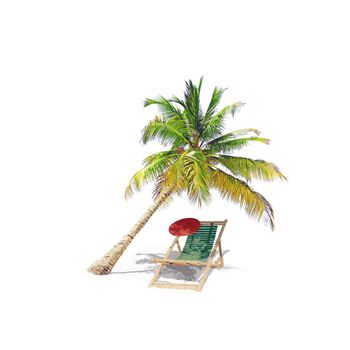 Relax on tropical beach in the sun on deck chairs under umbrella.