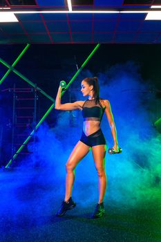 Woman athlette in fitness gym. Workout with dumbbells indoor. Individual sports recreation. Sporty and fit young woman athlete in sport outfit have a training. Concept of a healthy lifestyle and sport