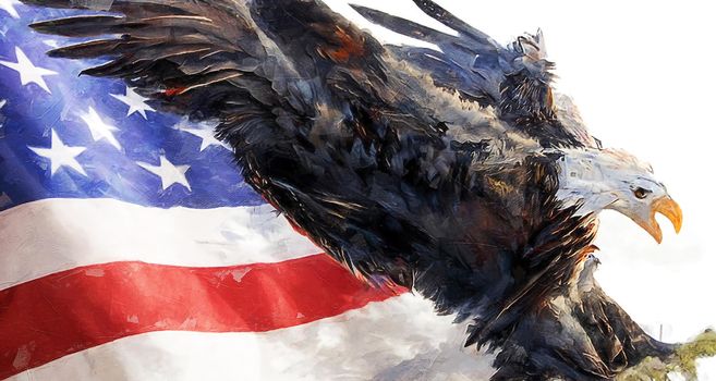 Eagle With American Flag Flies In Freedom. 4th of July Independence Day. Digital Painting, Oil Paint Effect.
