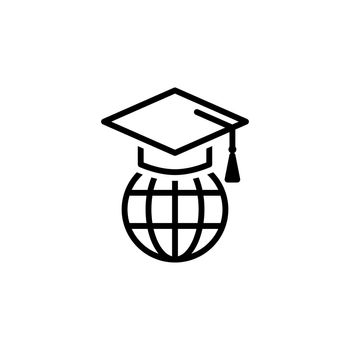 Globe with a student's cap vector icon for internet and online education, e-learning resources, online courses, business