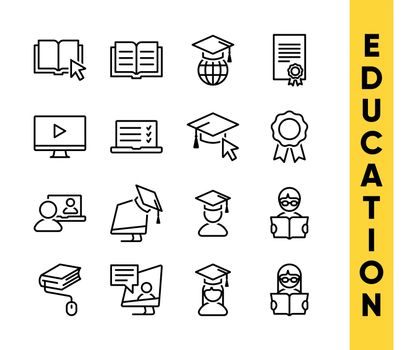 Education vector icons collection for online education, e-learning resources, distant courses. Minimalist line art.