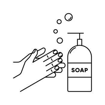 Wash hands with soap vector icon. Liquid soap dispenser. Minimalist line art vector illustration.