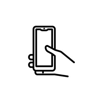 Smartphone in hand vector icon. Communication icon. Mobile phone. For business, social media, freelance. Minimalist line art.