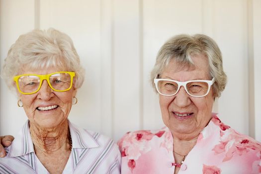 Retirement just got a whole lot cooler. Portrait of two happy elderly women wearing funky glasses at home.